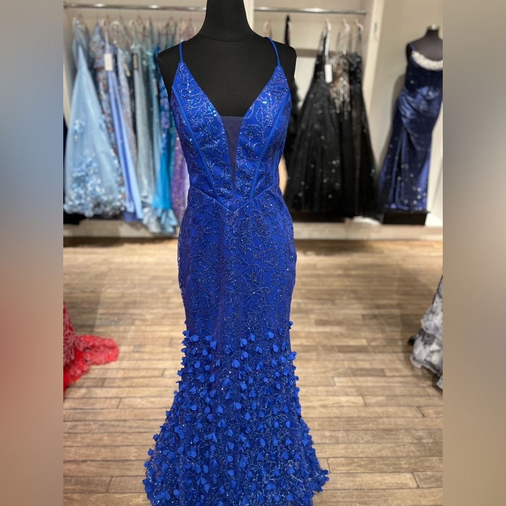 Royal Blue Beaded Prom Gown with 3D Floral Hem